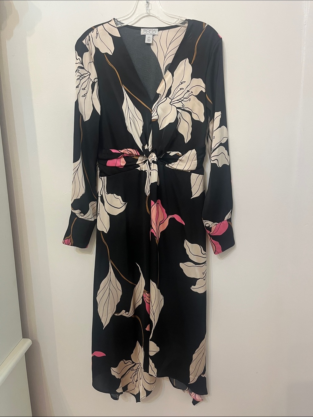 Sofia by Sofia Vergara Black Floral Twist-Front Midi Dress Sz S (4-6)